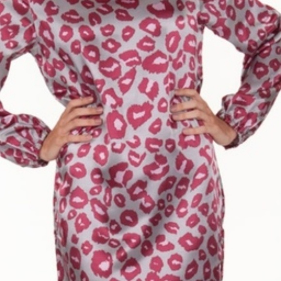 Satin Gray & Pink Animal Print Long Sleeve Dress M - Picture 3 of 6